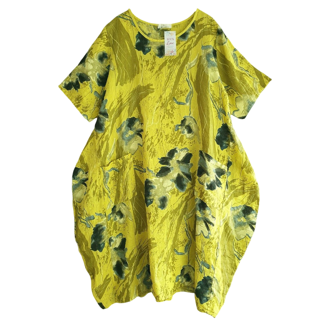 Lagenlook Damenkleider Gelbes, Leinenkleid mit grünem Blumendruck.