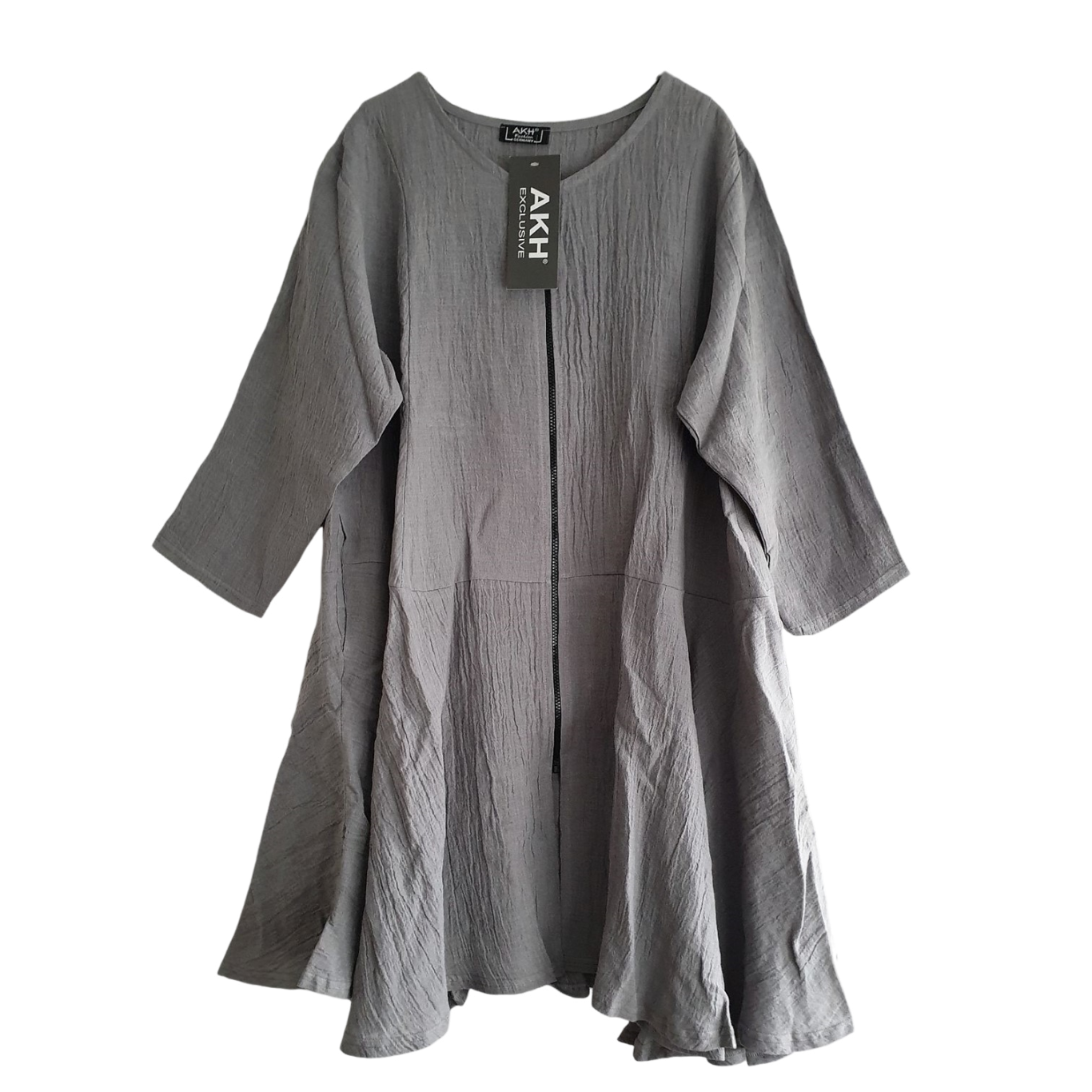 Lagenlook Jacken Damen Graue Leinenjacke mit lockerer Passform und langen Ärmeln.
