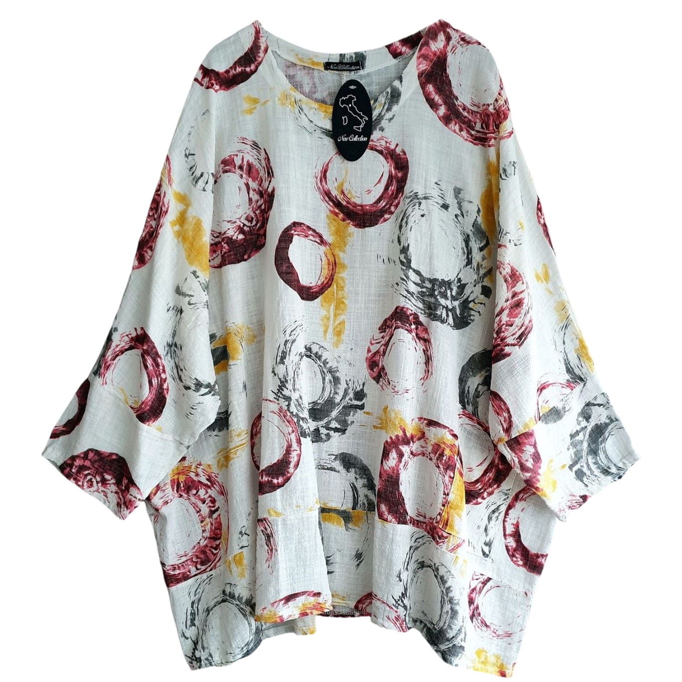 Lagenlook Damenshirts Weißes, lockeres Oberteil mit buntem Ringmuster in Rot, Gelb und Schwarz.